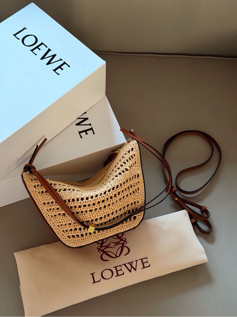 Loewe Beige Woven Raffia Crossbody with Brown Leather Trim